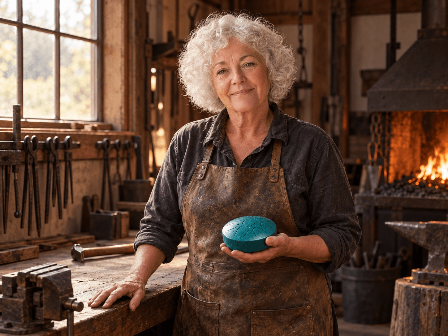 Maria Hartwell in her workshop holding a hand-tuned rain drum