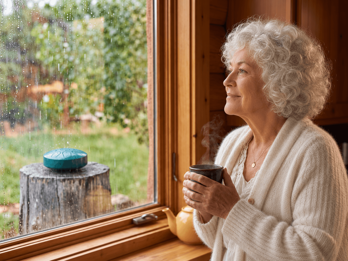 Maria at the kitchen window with a cup of tea, watching the rain