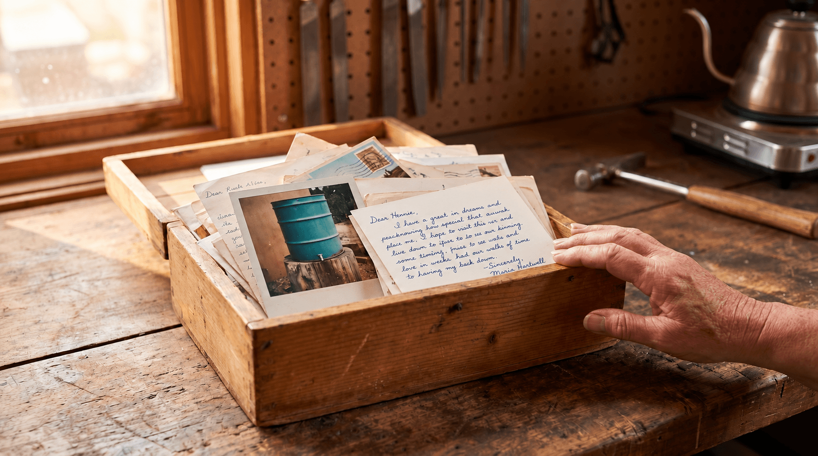 Letters from rain drum owners on the shelf above Maria's tuning bench