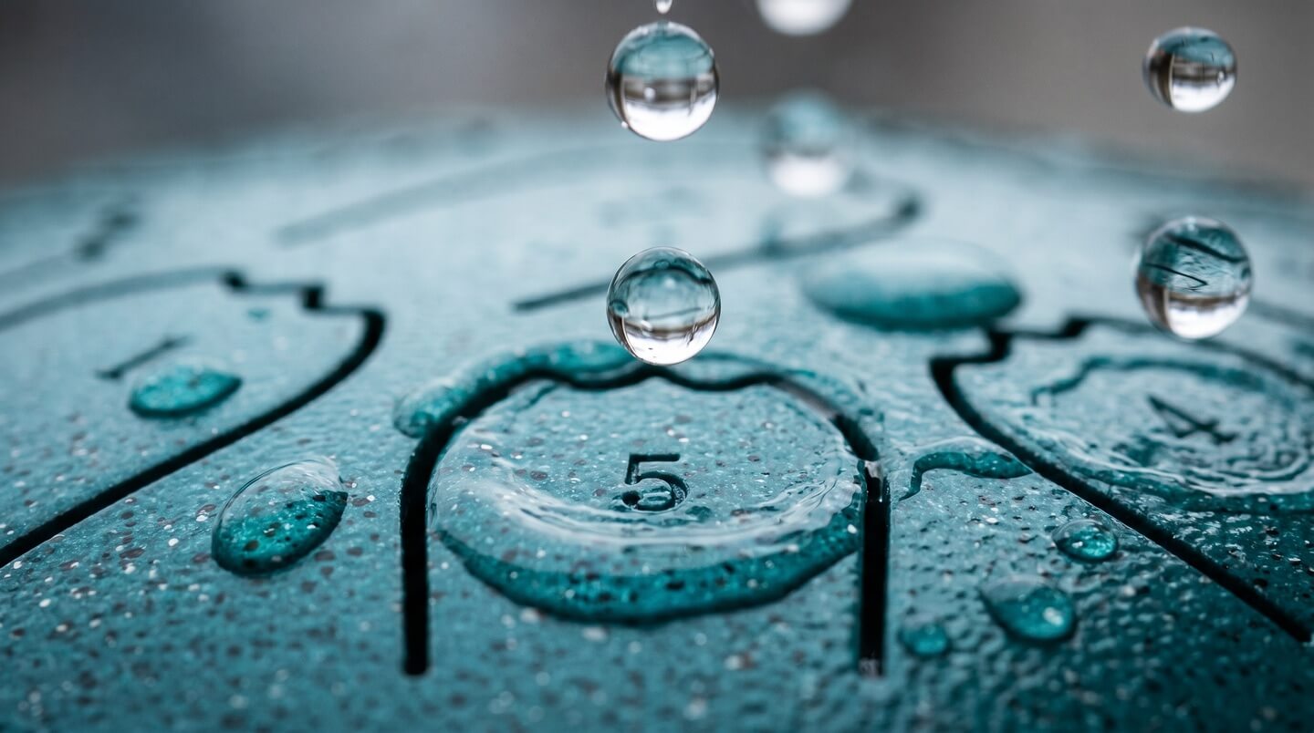 Raindrops landing on the tuned steel tongues of a rain drum