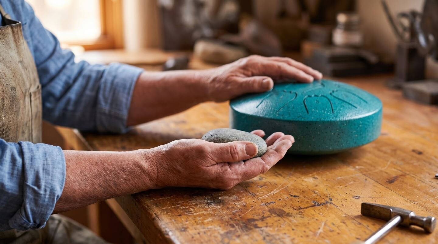 Maria's hands at her workbench during a final tuning check